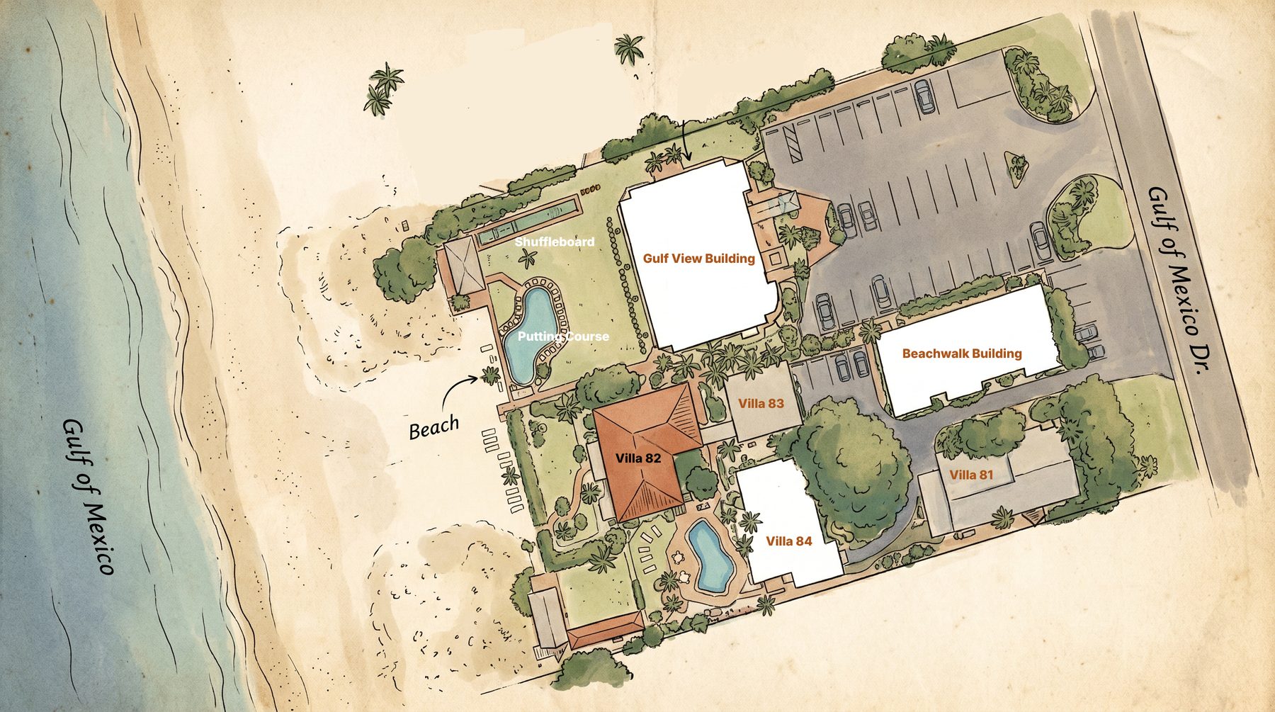 Illustrated map of Turtle Crawl Inn: Gulf View Building, Beachwalk Building and Beach Villas 81-84 between the Gulf of Mexico beach and Gulf of Mexico Drive